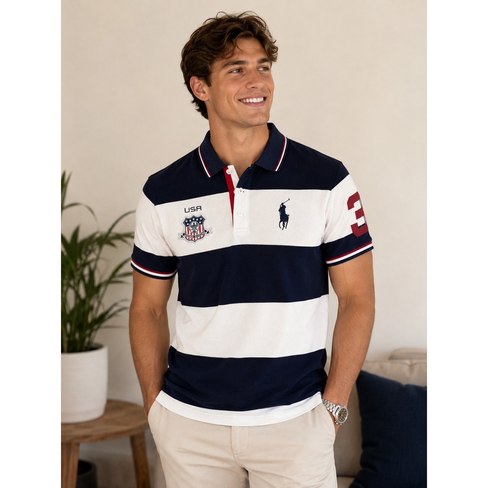 Polo Ralph Lauren Mens Custom Slim Fit USA Stripe Polo Shirt Navy White Size M